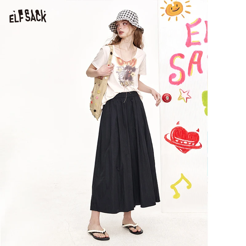 ELFSACK Elastic Waist Pleated Side Pocket Wide Leg Cropped Pants for Women