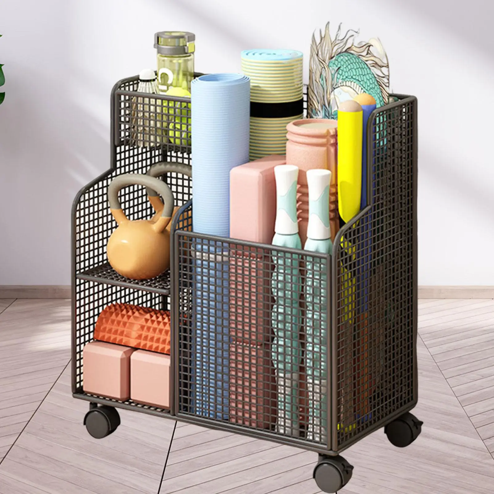 

Iron Yoga Mat Storage Rack with Wheels Multi Slot Workout Organizer Utility Cart for Home Gym Storage and Indoor Sports