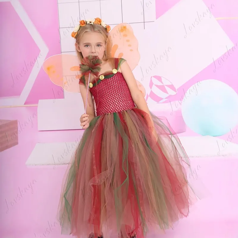 Forest Fairy Princess Dress with Small Child's Formal Gown Set for Halloween Performance Outfit
