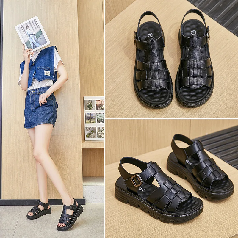 Summer Ladies Sandals Breathable Female Retro Platform Sandals Women's Fashion Flats Shoes 2023 New Woman Leather Hole Shoes