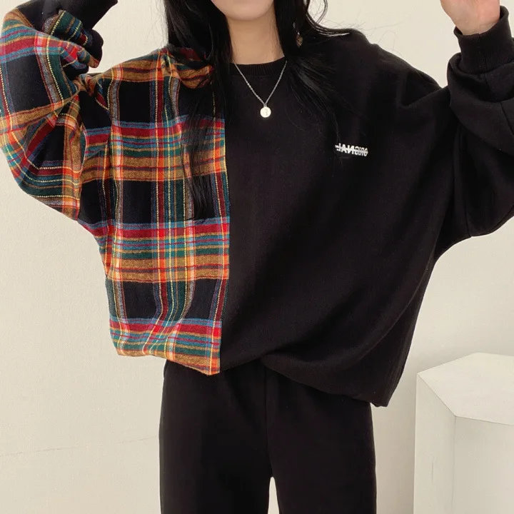 Spring Round Neck Plaid Long Sleeve 2025 Sensibility Korean Style Niche Design Printing Loose Fit Pullover Sweatshirt For Women