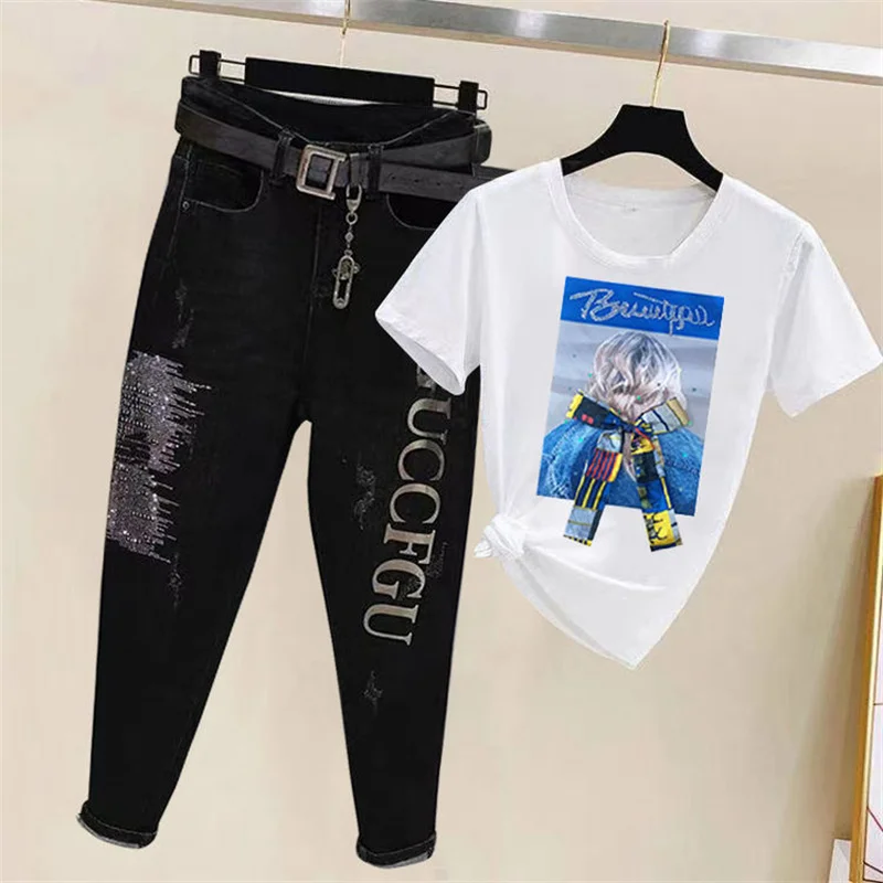 2022 moda nuove lettere stampa pantaloni larghi e sottili Jeans Harem piedi piccoli coreano T-Shirt a maniche corte Jeans abito marea femminile