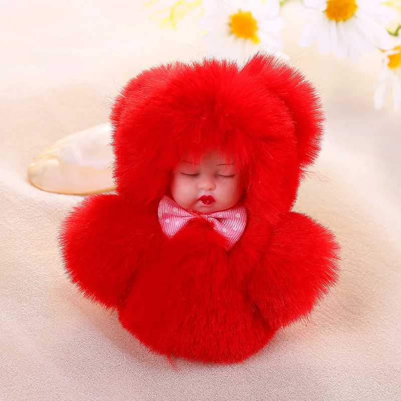 Fashion Sleep Baby Key Chain Faux Rex Rabbit Fur Women Bag Keychain Trinket Jewelry Party Wedding Toy Men Car Key Ring Girl Gift