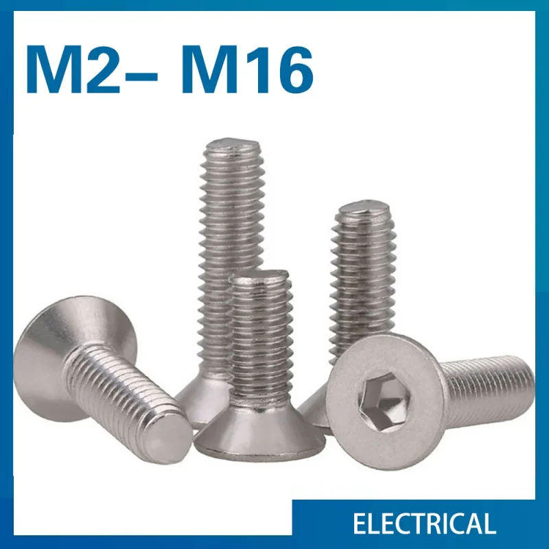 10 pcs/lot Hexagon Hex Socket Countersunk Screw Flat Head Allen Bolts M2 M3 M4 M5 M6 M8 M10 M12 M16 304 Stainless Steel DIN7991