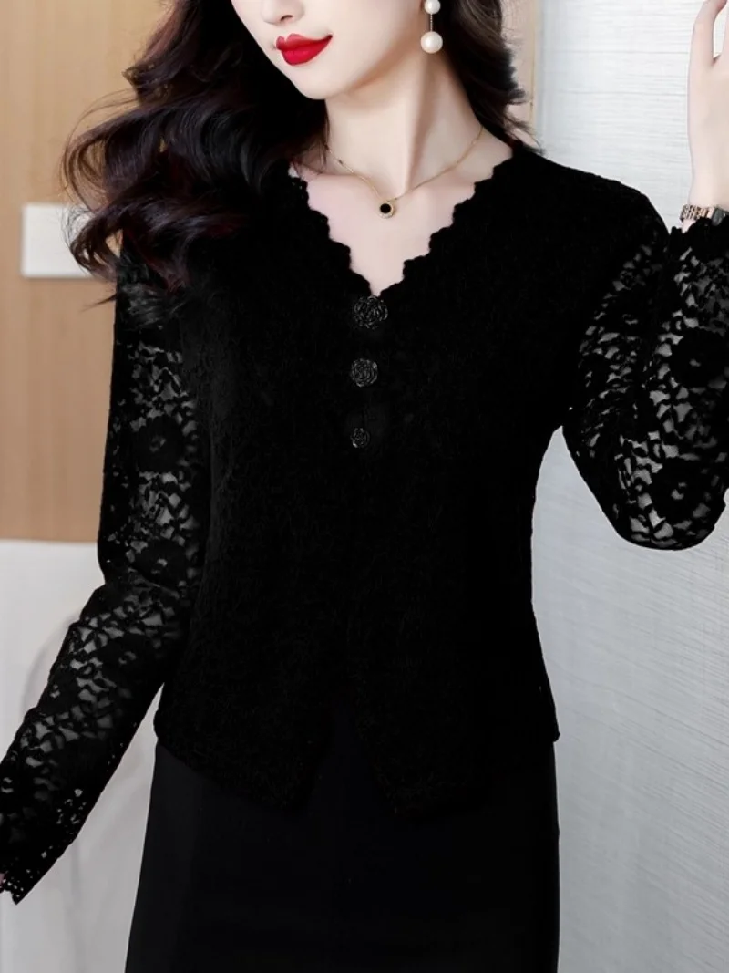 Sexy Spitzenoberteil mit V-Ausschnitt für Damen, langärmlige, ausgehöhlte Bluse – Schlankheitsshirt für alle Jahreszeiten (Frühling, Herbst, Winter) w1693