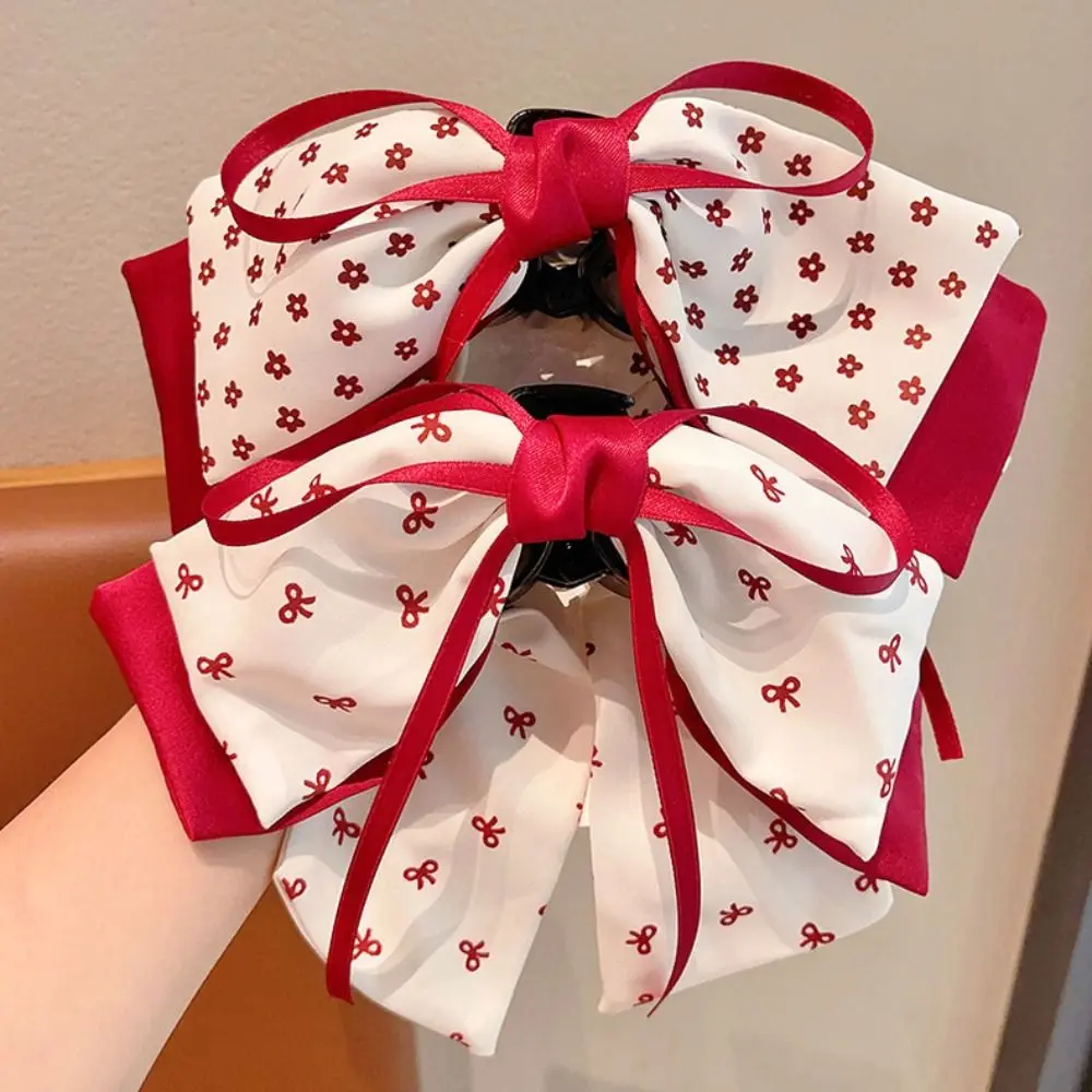 Sweet Korean Style Sweet Bow Hair Clip Bow Plaid Ponytail Buckle Clip Shark Clamp Red Princess Hair Claw Women