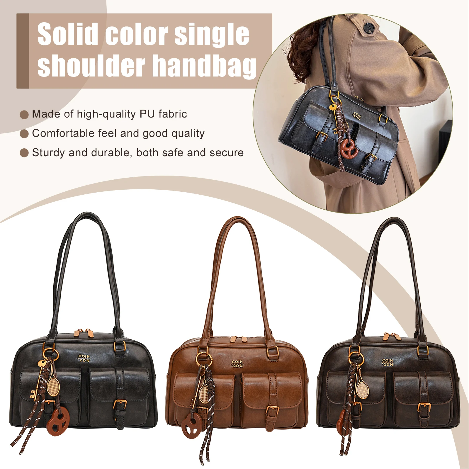 

Multi Pockets Shoulder Bag with Multiple Pockets Vintage Armpit Bag Retro Solid Color Leather Handbag for Commute Travel
