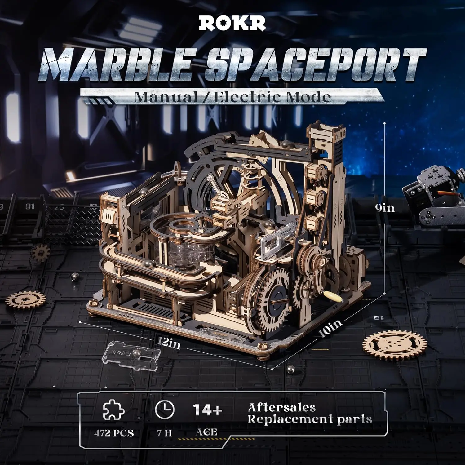 Robotime rokr Electric Model Kits Marble Spaceport and Manual model kit Wooden Puzzles Building Toy for Men Women teens 14+