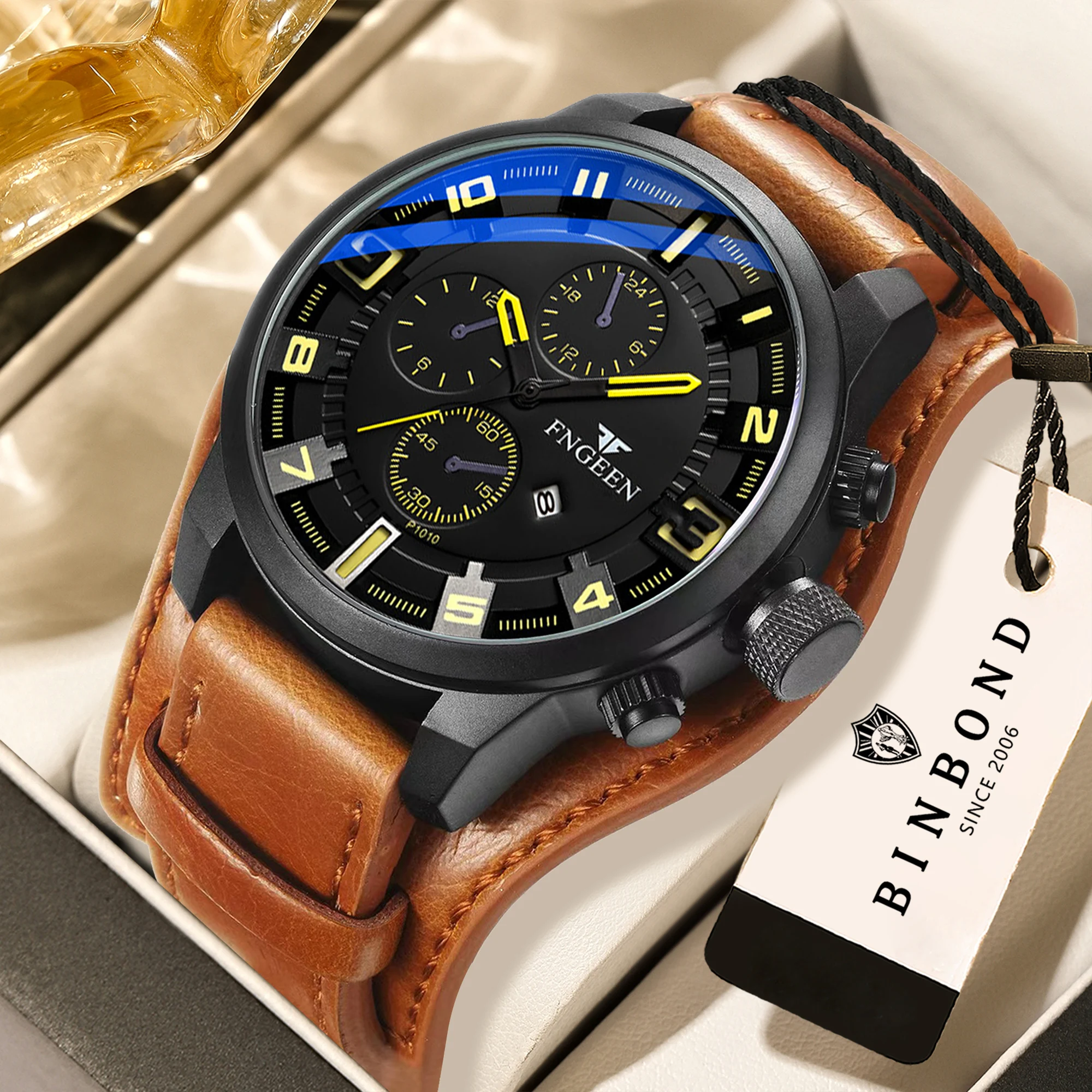 BINBOND real leather strap luxury quartz wristwatches for men luminous waterproof auto date chronograph men's watch sports reloj