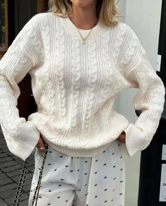 

Women's Sweater 2025 Spring Autumn New Solid Color Elegant Vacation Fashion Long Sleeved Round Neck Casual Pullover Sweater