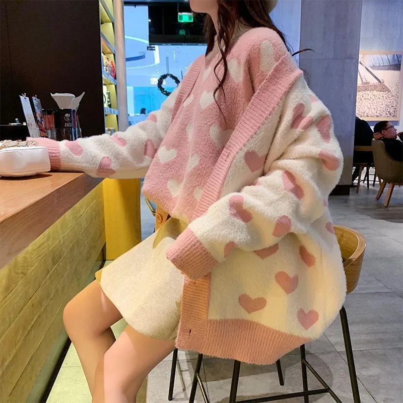 Sweet Pink Cardigan Women Jacquard Loose Students Knitted Heart Korean Preppy Chic Outerwear Fashion Vintage Patchwork Female