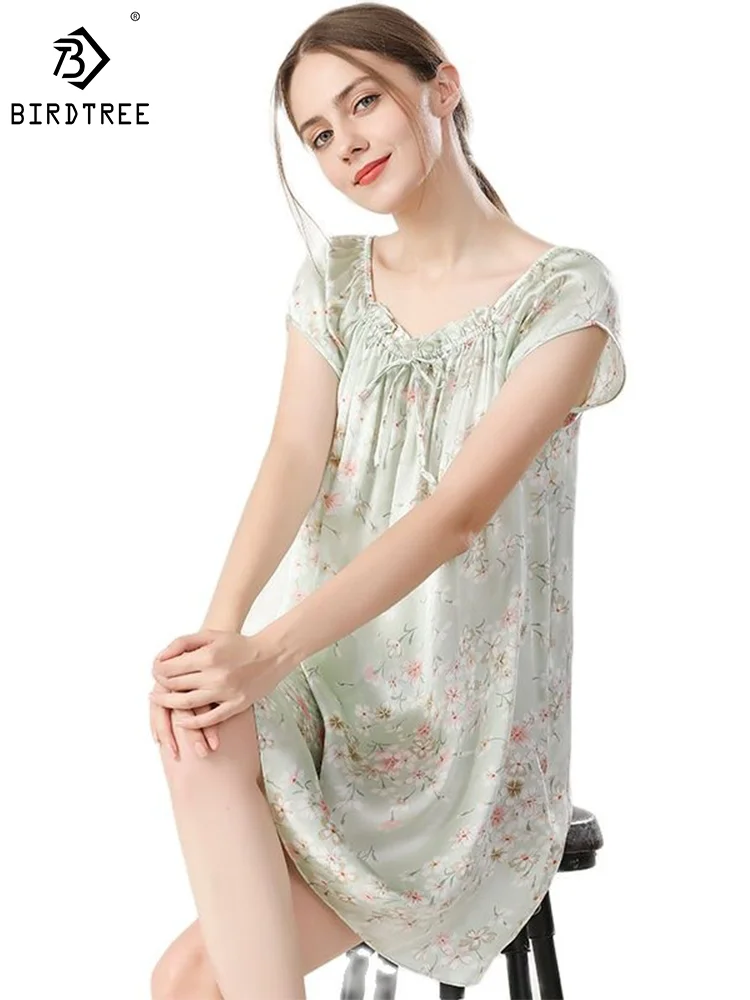 

Birdtree 16 Momme 100% Silk nightdress women sleepwear fresh Short sleeve nightgowns natural sweet floral sleepdress P36083QM