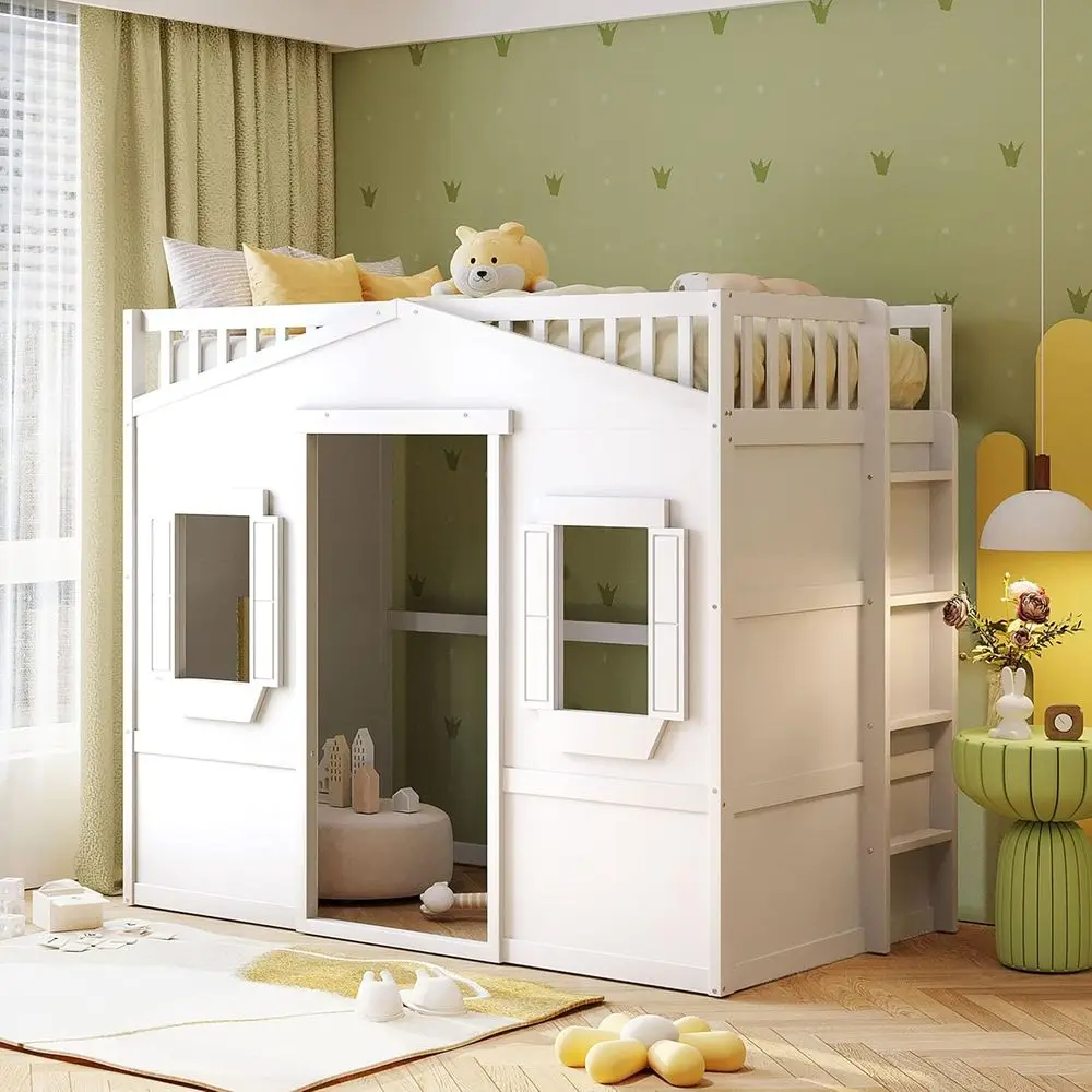 

Twin-Size Kids' Loft Bed with Safety Rail, Playhouse Design, Ladder, Windows, and Strong Wood Slats - Space-Saving White
