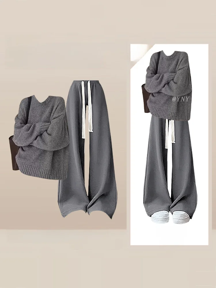 

Женский вязаный комплект: свитер с круглым вырезом и длинными рукавами, свободные брюки с высокой талией и прямыми штанинами, осенне-зимний, больших размеров