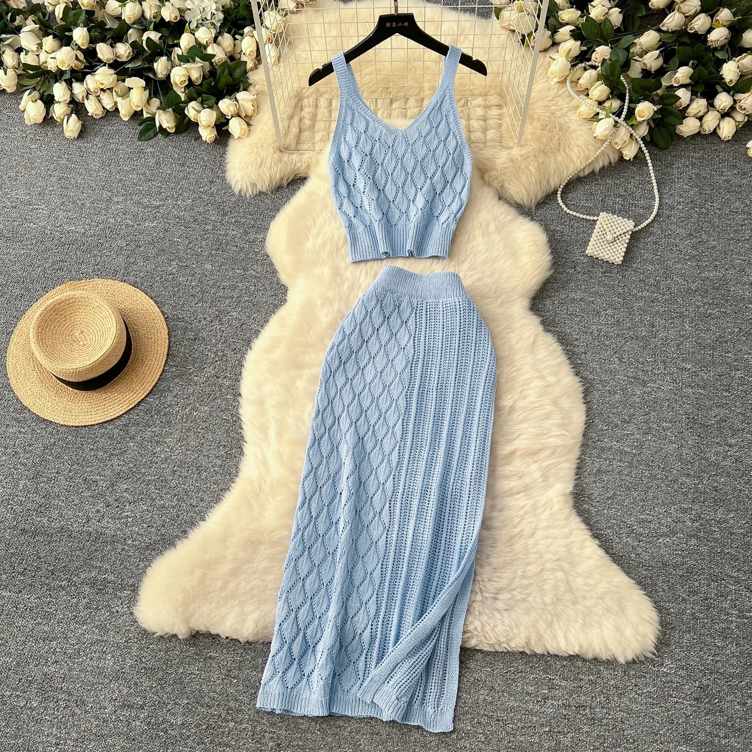 

Elegant Hollow Hook Flower Knit Chic Straps Slim Camis Top High Waist Split Skirt Korean Streetwear High Street Two-piece Sets