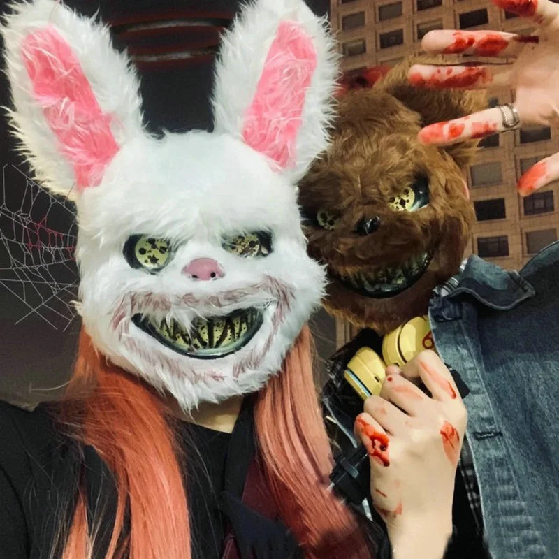 Halloween krwawa pokrowiec na główkę królik Cosplay maska kobiety mężczyźni nakrycia głowy rekwizyty ręcznie robiony taniec Horror na imprezę Cosplay kostium akcesoria