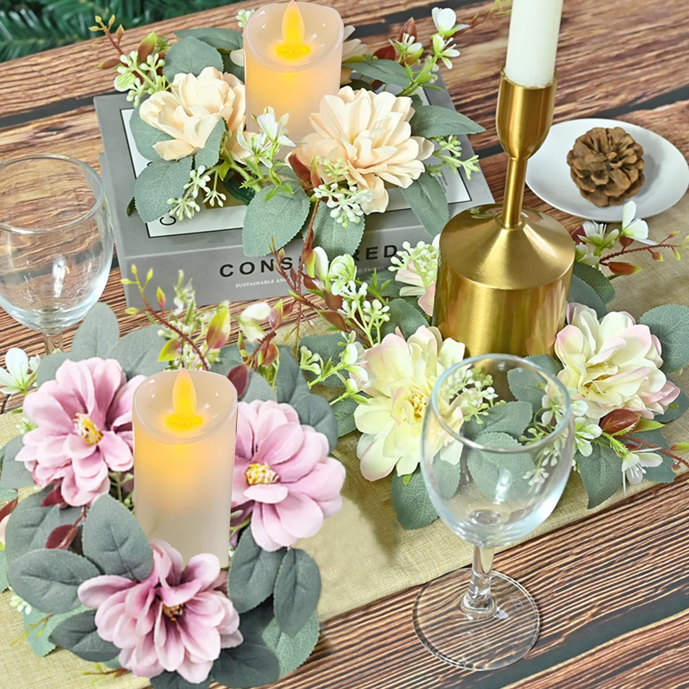 2 Stück Kerzenständer-Girlande, florale Kerzen-Mittelstücke, Dahlie-Kerzenkranz, Kerzenring, Teelichtkerze, künstlicher Pflanzenkranz
