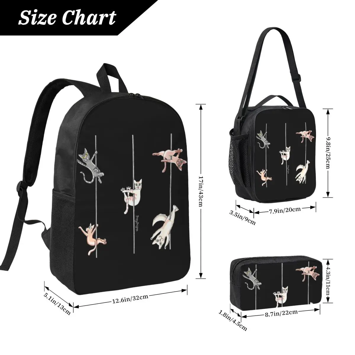 Pole Kittens At Play Backpack Student Boys Girls BookBag School Bag Computer Shoulder Bags 3ps Insulated Lunch Bag Pencil Case