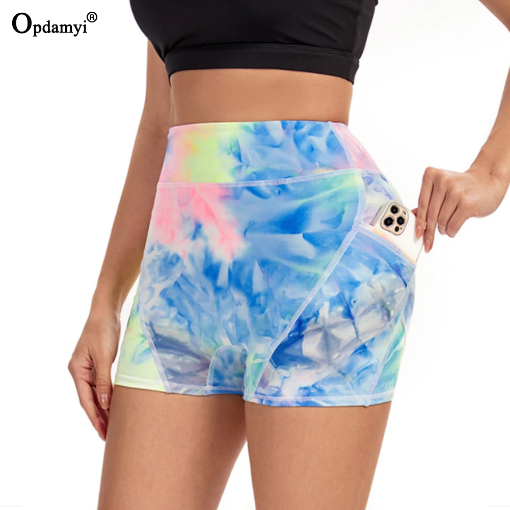 

2022 New Shorts Women High Waist Fitness Workout Yoga Shorts With Pocket Push Up Running Gym Yoga Tie-Dye Shorts Leggings Feamle