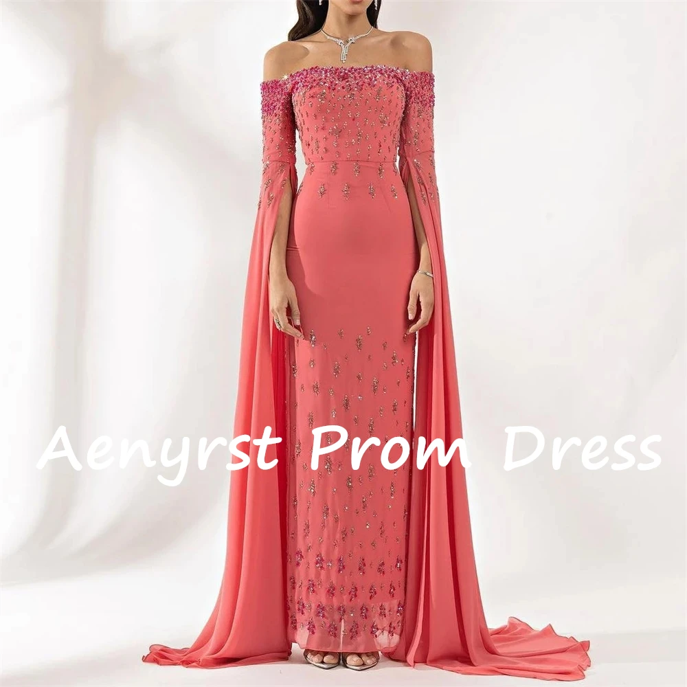 Aenyrst Watermelon Red Boat-Neck Beaded Prom Dresses customized Off The Shoulder Evening Gowns Half Sleeve Sequined Party Dress