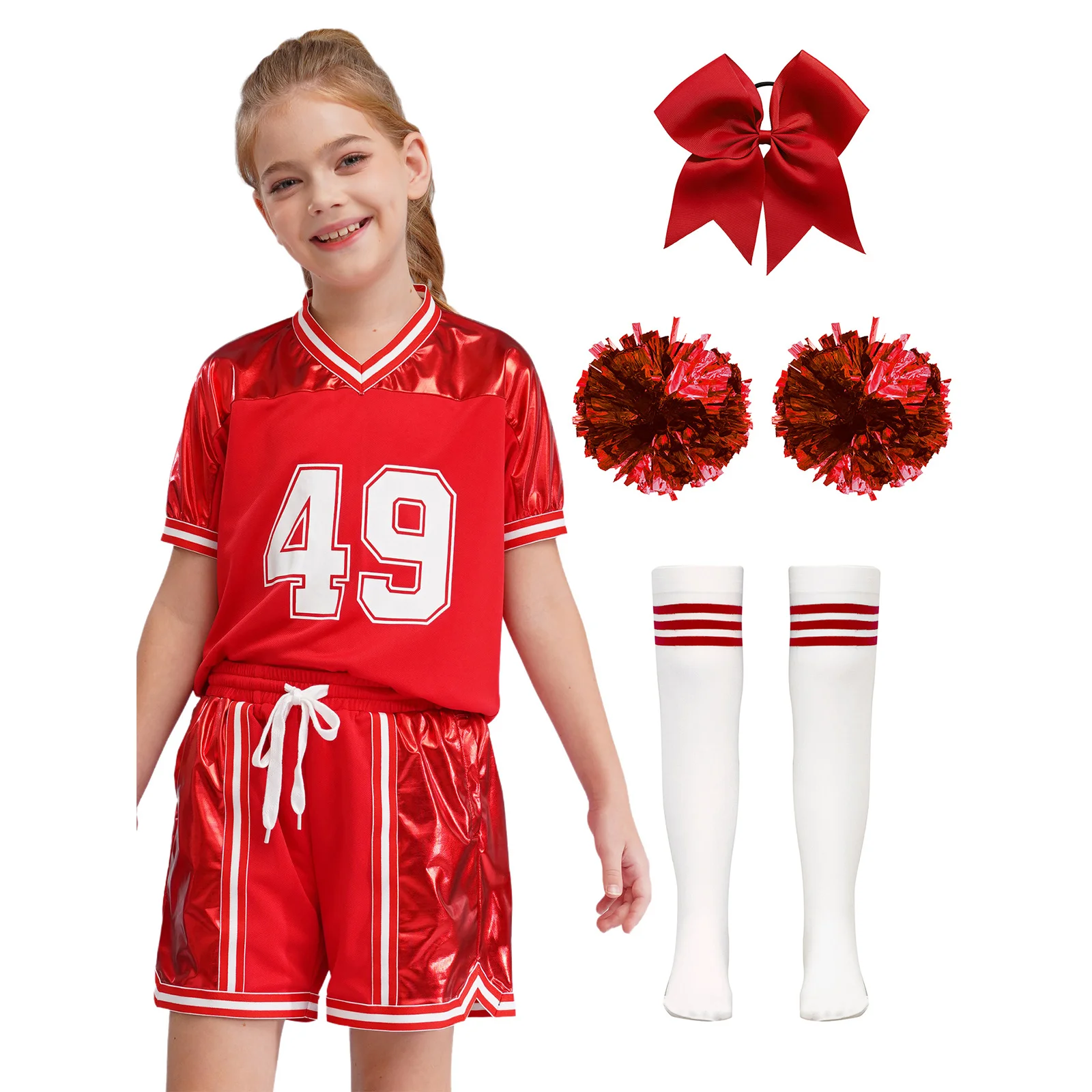 

Girls Basketball Cheerleading Costume Short Sleeve Metallic T-shirt with Drawstring Shorts with Headwear Flower Balls Socks Sets