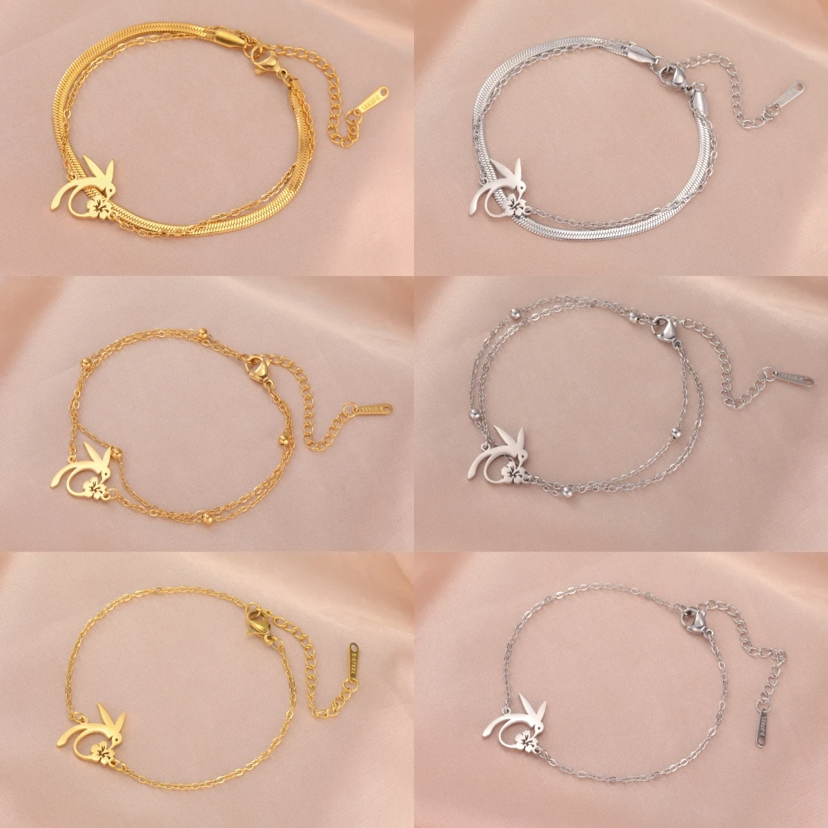 Modisches Kolibri-Honig-Kollektion Armband Edelstahl Doppelschichtiges Kolibri-Blumen-Armband Tierschmuck