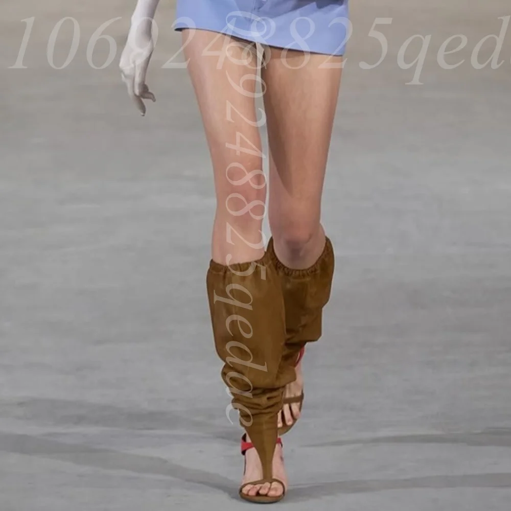Women's Two-Tone T-Strap Heeled Sandal Boots, Open Square Toe, Thin Stiletto Heel, Knee High Strappy Design, Elastic Band Shoes