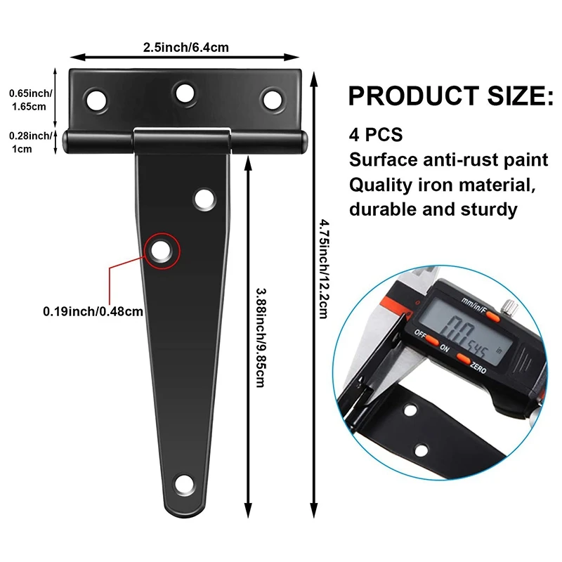 6 PCS 4 Inch T-Strap Hinges Rustic Gate Strap Hinge Rustproof Gate Door Black Hinges for , Fence and Barn Gates