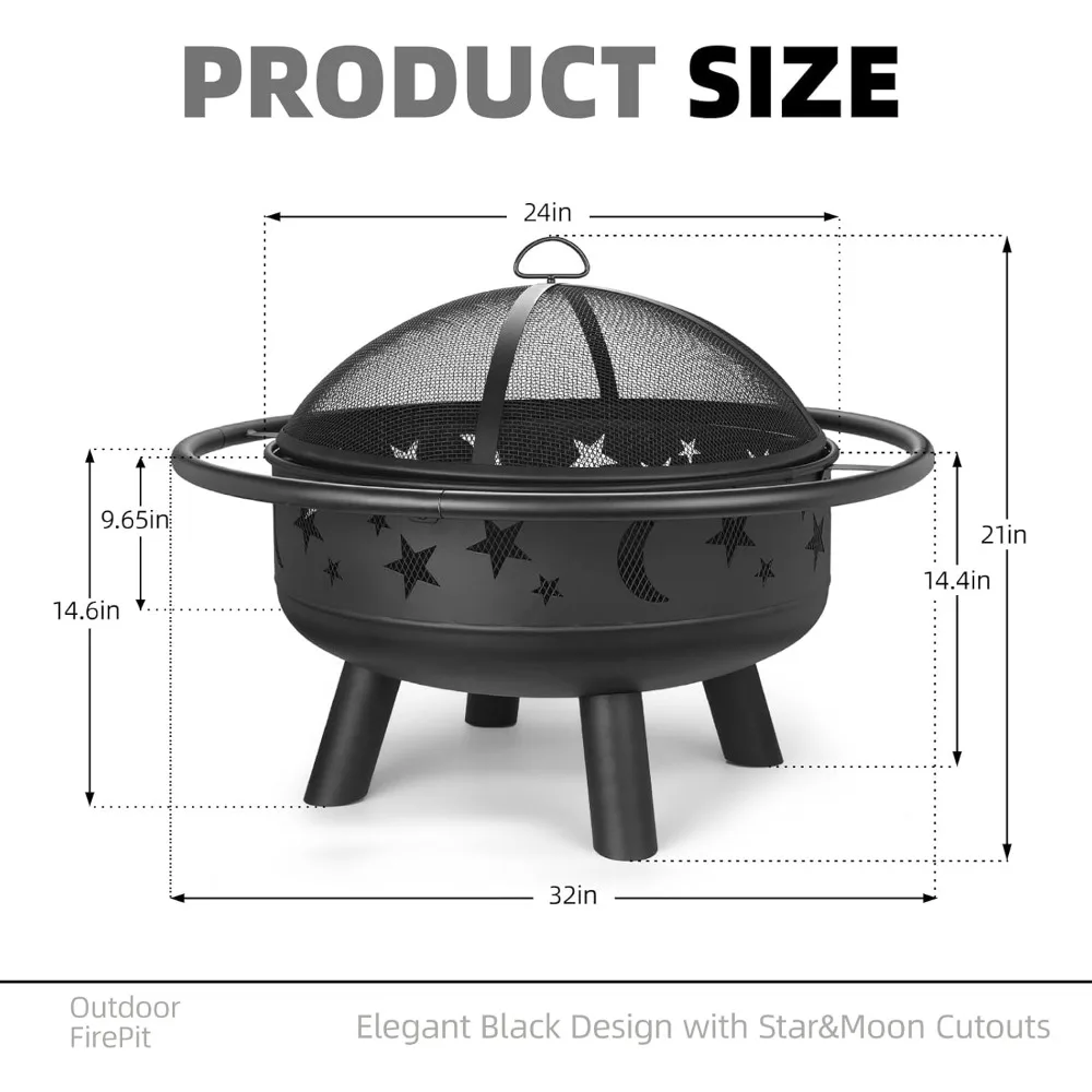 "Fogueira circular externa de queima de madeira de 32 polegadas com tampa de malha, pôquer e recortes de céu estrelado"