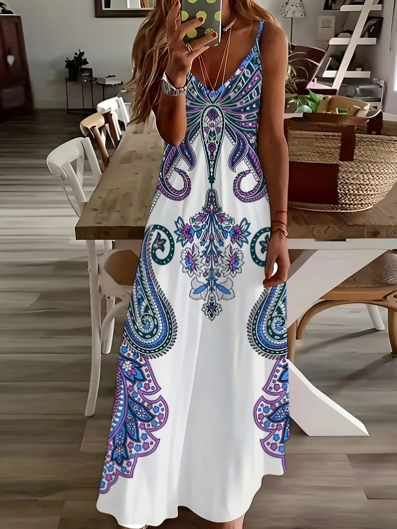 

Printed Design Ethnic style blue purple flower mandala print women's dress