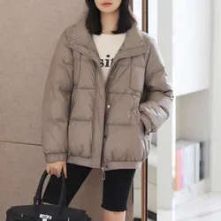 2023 New Women White Duck Down Jacket Winter Coat Female Short-length Stand Collar Parkas Thicken Loose Outwear Simple Overcoat