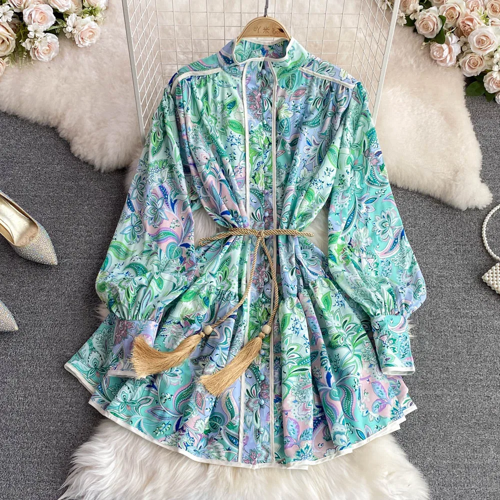 Spring and Summer New Vintage Stand Collar Single-Breasted Printed A- line Large Hem Beach Dress Dresses for Women