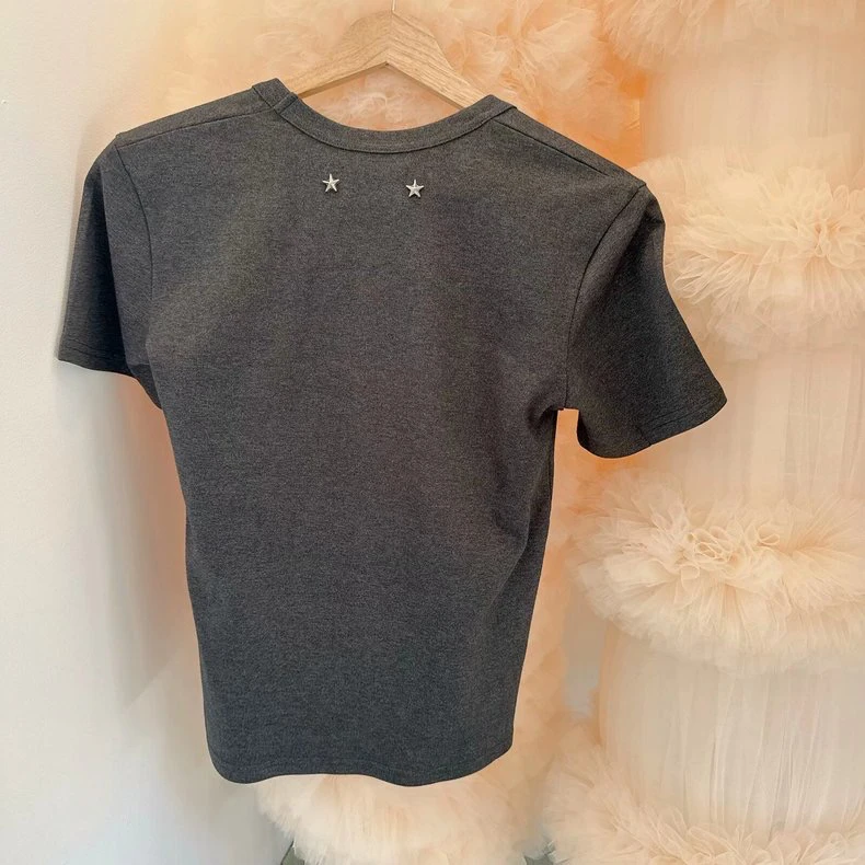 2025 새로운 봄 여름 모든 경기 여성 반팔 티셔츠 솔리드 컬러 슬림 기본 탑 자수 o 넥 풀오버 코튼 티셔츠