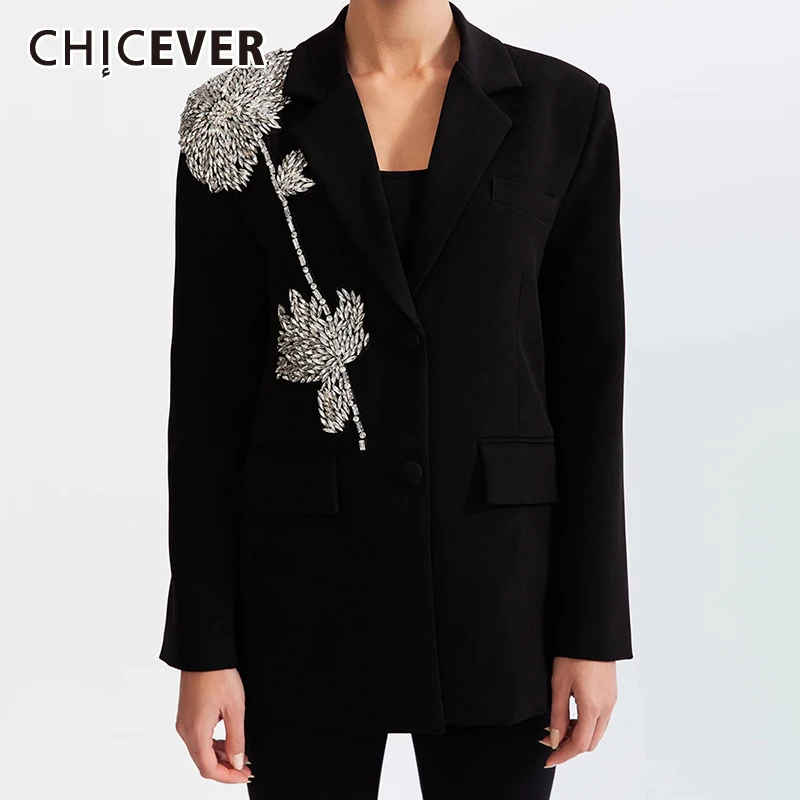 

CHICEVER Printng Hit Color Blazer For Women Apel Long Sleeve Single Breasted Spliced Diamonds Loose Spring Coat Female Fashion