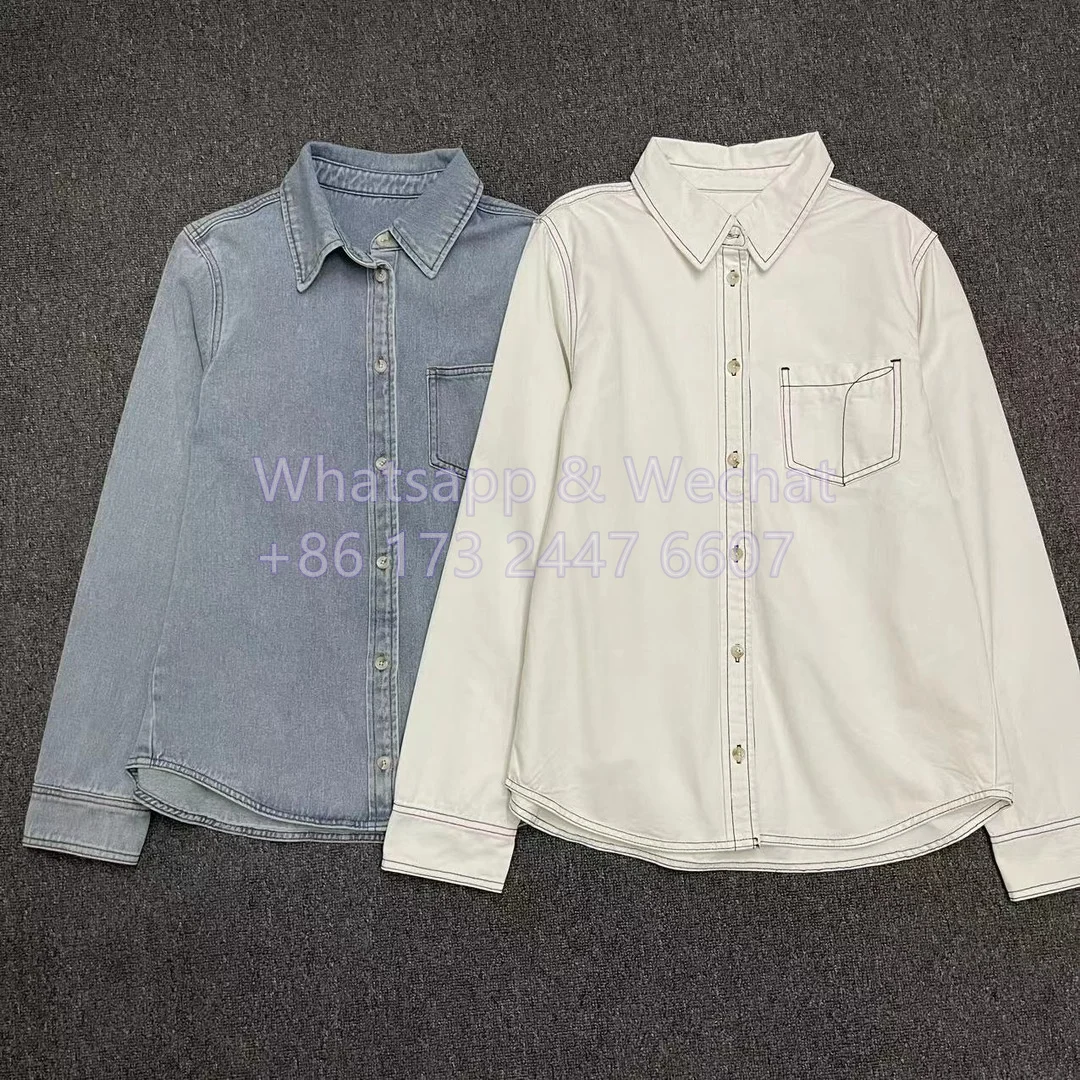 To*te*e fall & spring women blouse Shirt beige blue cotton long sleeve loose style oversize point-collar Pocekt