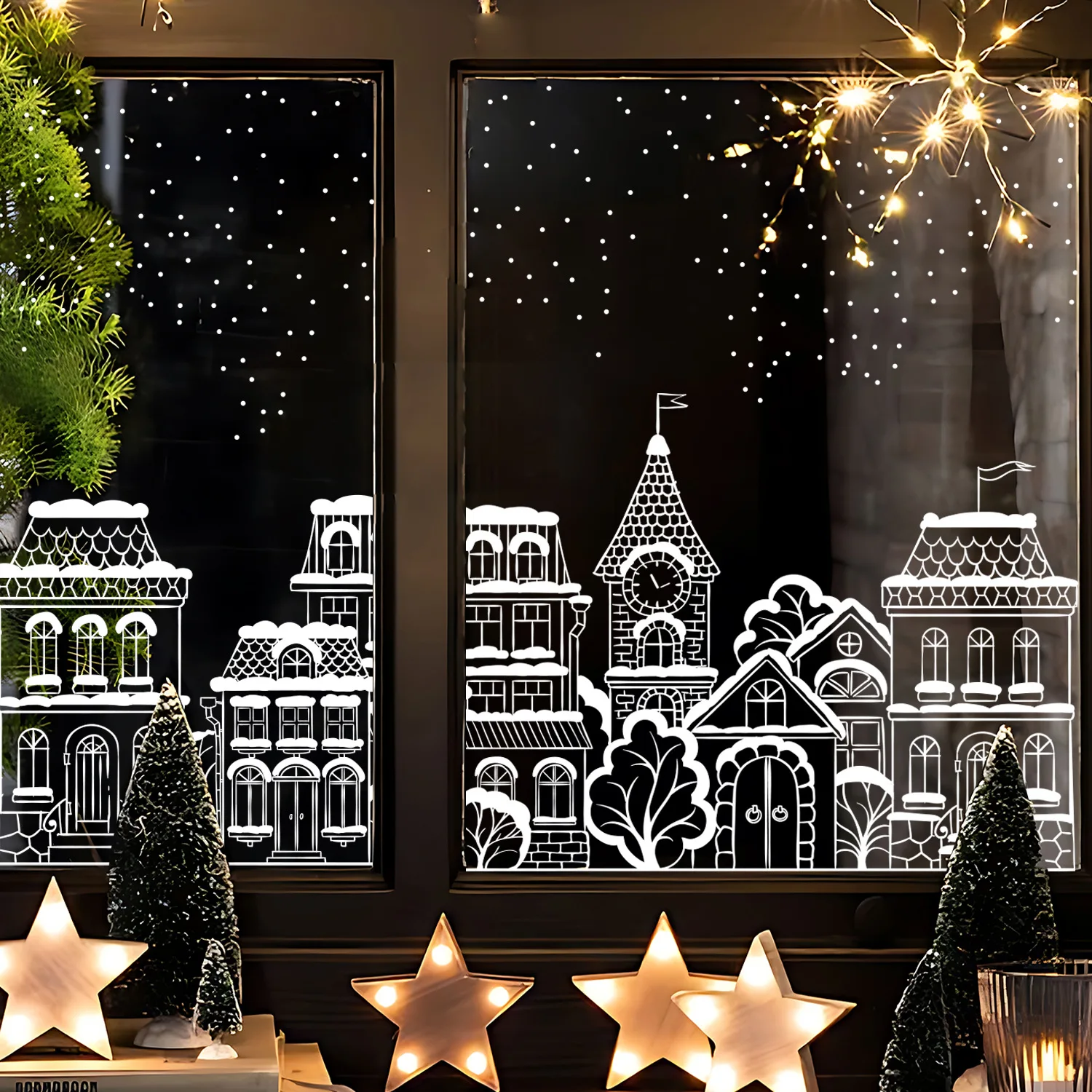 38x60cm Christmas Window Stickers Creative White Castle Street View Pattern Electrostatic Sticker Christmas Glass Static Decal