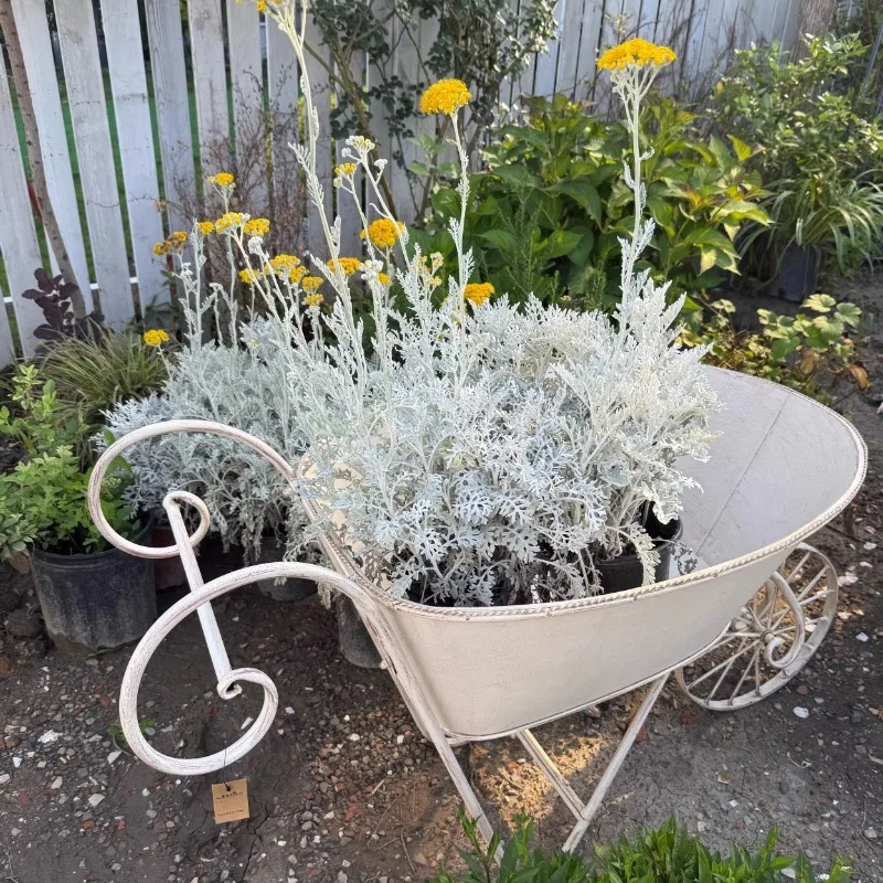White Iron Garden Wagon 108x54x61cm Spacious Plant Trolley with Wheels Rustic Outdoor Utility Cart Heavy Duty Garden Hauler