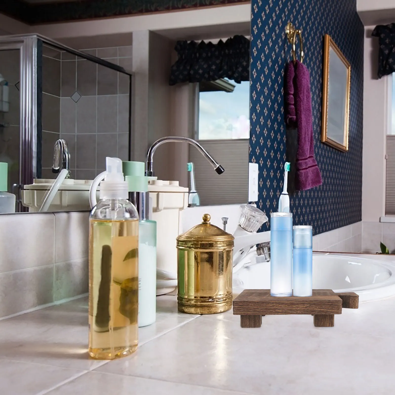 

1pcs Wooden Tray For Bathroom Wooden Pedestal Stand Sturdy Wood Display Stand For Soap Shampoo Vase Bowl Plant Decor