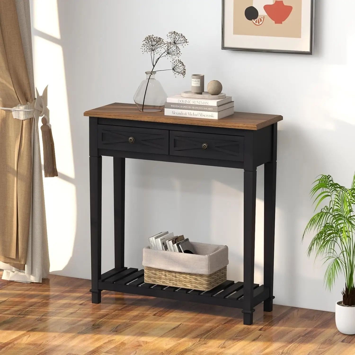 

Console Table for Entryway with 2 Drawers, 30 Inch Long Entryway Table w/Open Storage Shelves and Handmade Metal Handle, Narrow