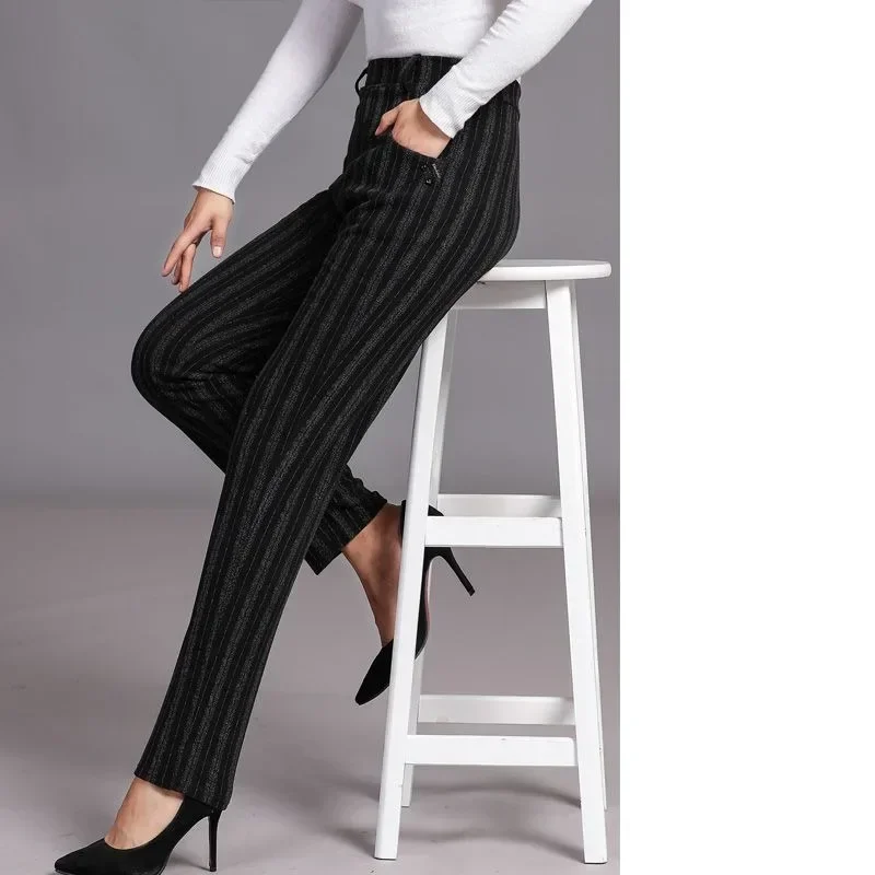 

Spring and Autumn Women's Stripes High Waist Slim Classic Pencil Pants Elastic Pockets Fashion Casual Commuter Trousers JJ98