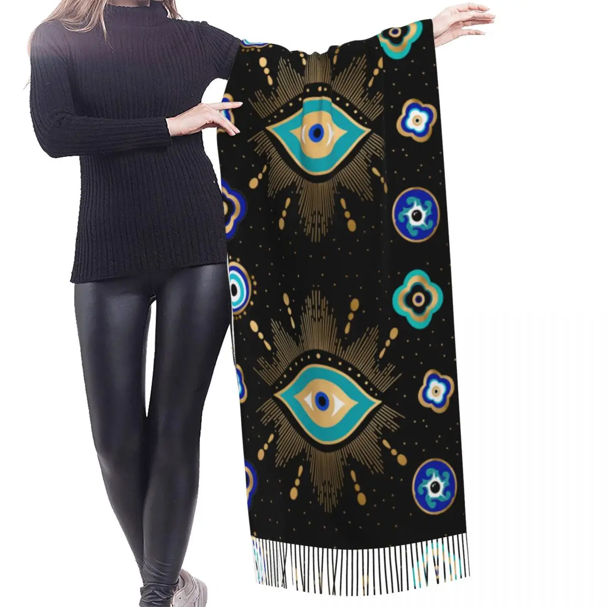 Custom Nazar Turkey Evil Eye Symbol Amulet Scarf Wrap Women Long Winter Warm Tassel Shawl Unisex Versatile Female Scarves