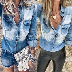 Shirt for Women Autumn Blouses Denim Single Breasted Spring Blue Casual Loose Work Shirts Slim Fit Sexy Elegant Y2k Tops 2025