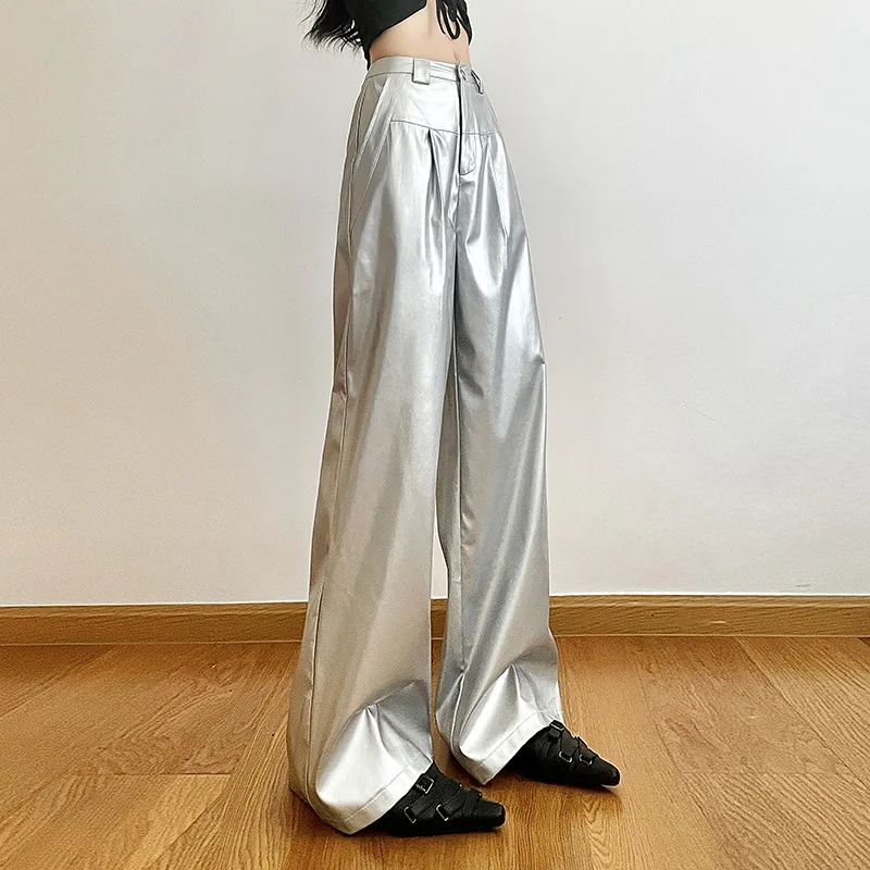 Silver Retro Matte Trendy Personalized All-match Casual High Street Cool Confident Casual Women\'s Autumn Wide Leg Pants