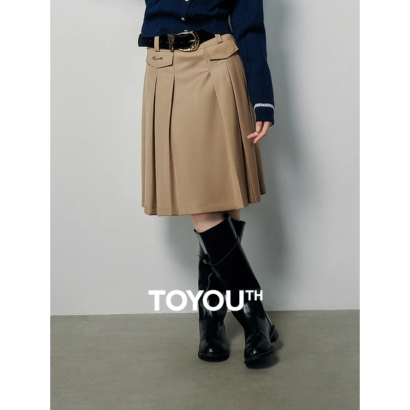 Toyouth Women Skirt 2024 Spring High Waist A-shaped Loose Metal Decoration Fashion Design Khaki Mid Length Pleated Skirt