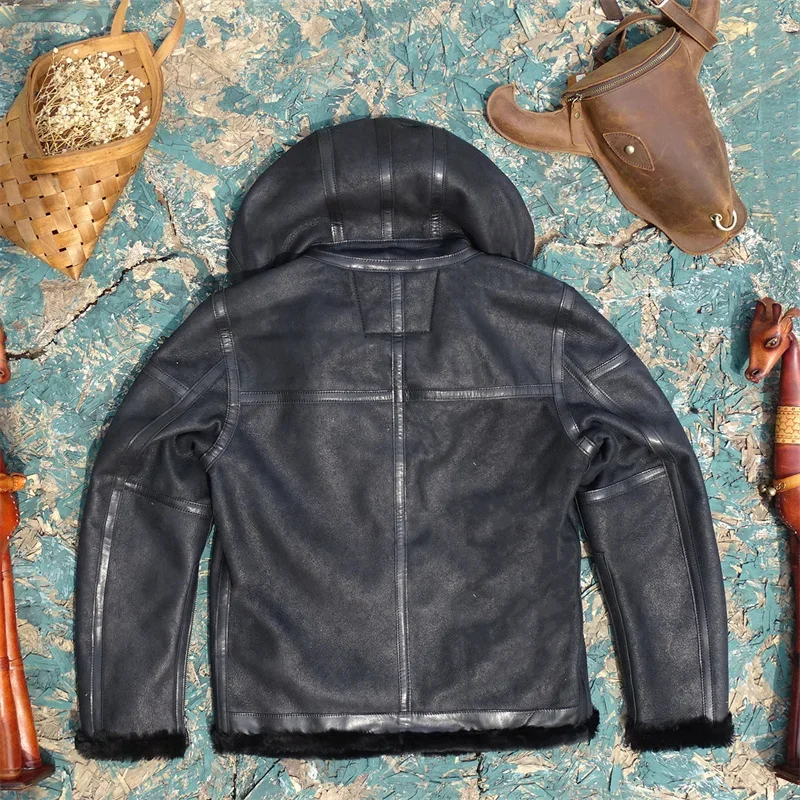 Knives!light and Thin Turkey Imported Original Sheepskin Fur Integrated Leather Leather Jacket Men's Hooded Fashion