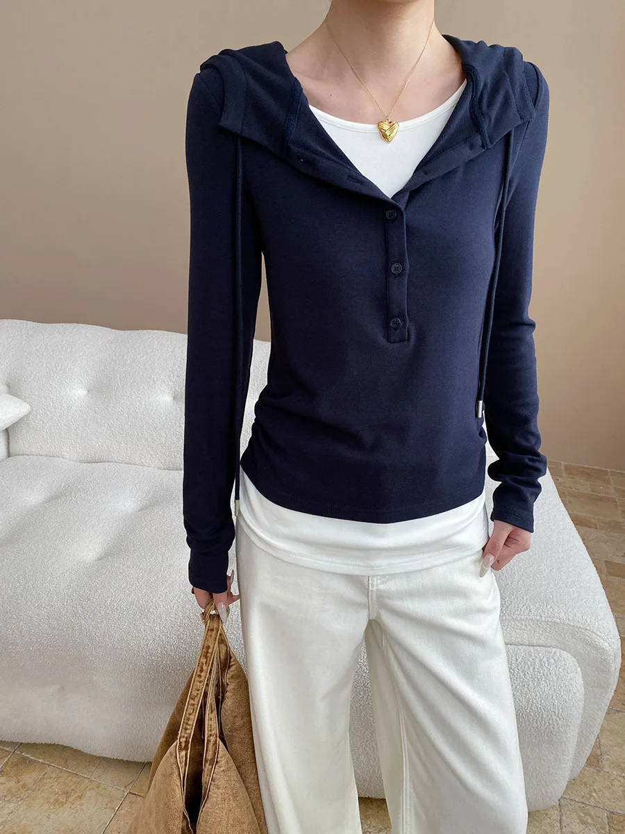 여성 캐주얼 휴가용 투피스 디자인, 드로스트링 후드 긴팔 티셔츠 베이스