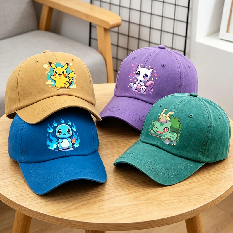 Boné de Beisebol Adulto Lavado com Estampa de Pokémons Kawaii: Pikachu, Mewtwo, Bulbasaur - Boné de Desenho Animado Fofo para Homens e Mulheres, Ideal para Viagem, Proteção Solar e Praia