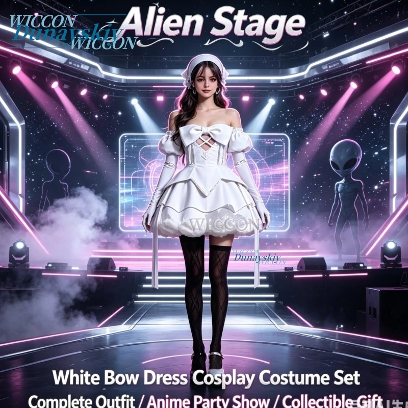 Anime Alien Stage Zombie White Bow Dress Cosplay Costume Set Headwear Silver Decor Full Set Halloween Party Outfit