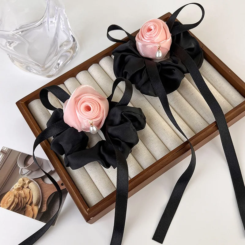 Korean Version New Trend Fabric Rose Ribbon Hair Ties Birthday Party High Ponytail Headrope Women's Elegant Hair Accessories