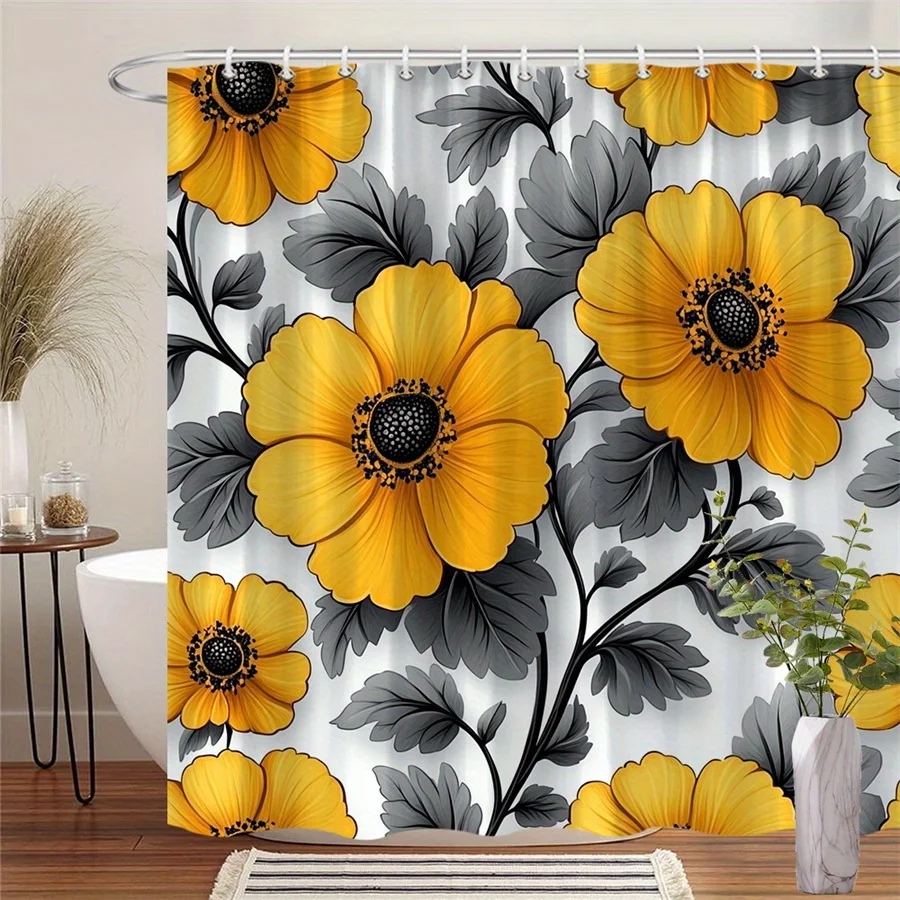 

1pc bright yellow floral shower curtain, polyester fabric, machine washable, with hook, suitable for bathroom decoration